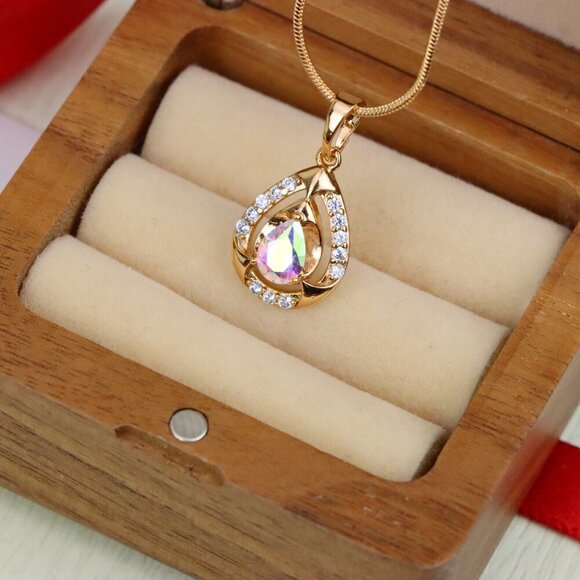 "Rainbow Teardrop Pendant with Gold Plated Finish and Sparkling Detail, XPPT1803 - Picture 8 of 13